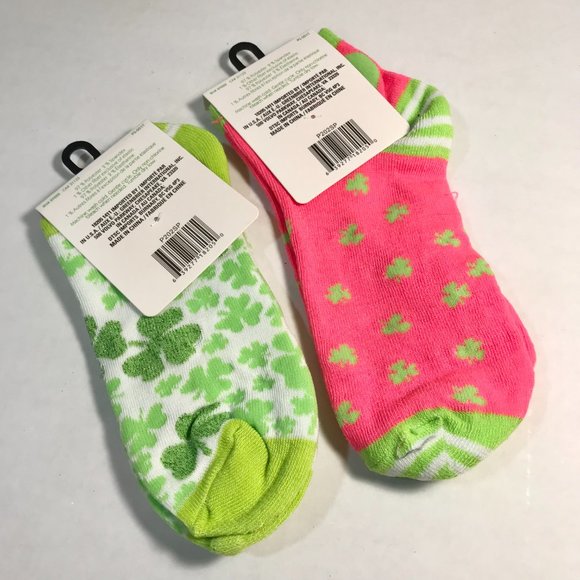 Shamrock Socks St Patricks Day Celtic Pink Green Clover 2 Pairs Lot Shamrocks - Picture 5 of 5